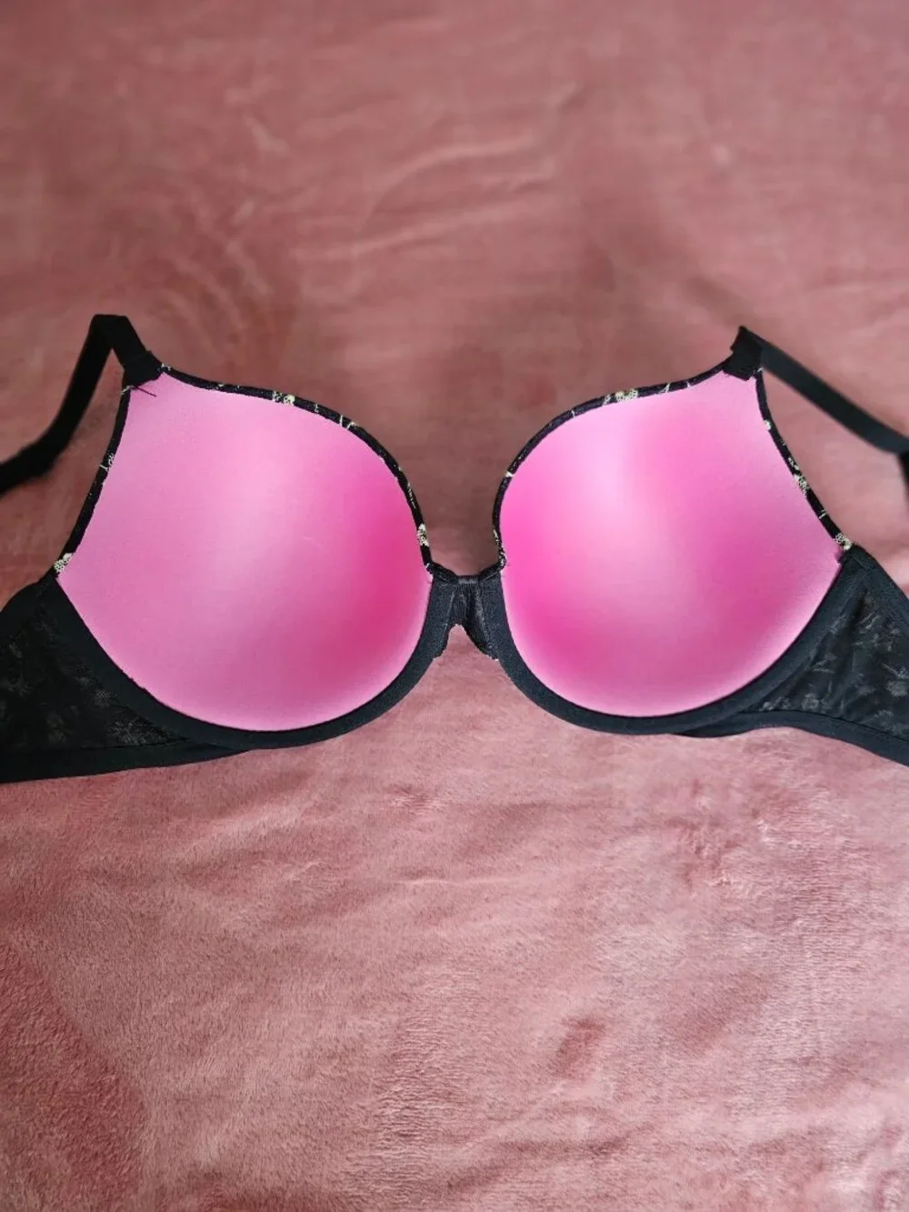 Black Floral Lace Victorias Secret Pink 34DD Push-Up Bra W/Adj Straps & Back - Picture 7 of 15